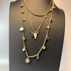 Gold Bull Skull Coin Charm Necklaces Boho Southwestern Statement Y2K